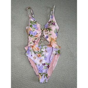 P2f One Piece Swimsuit Size M Pink Purple Floral Cutout Lace up Beach